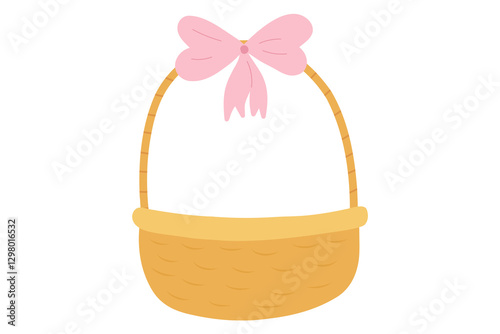 Hand drawn Easter basket with bow. Straw basket for gifts. Stock vector illustration isolated on a white background.