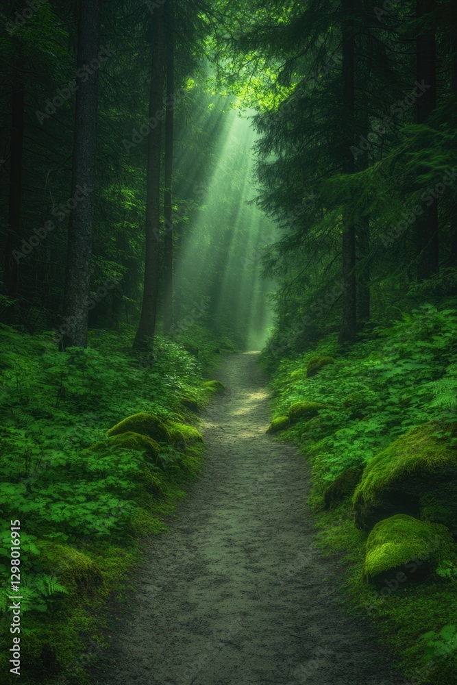 Fototapeta premium Mysterious forest path illuminated by soft sunlight filtering th