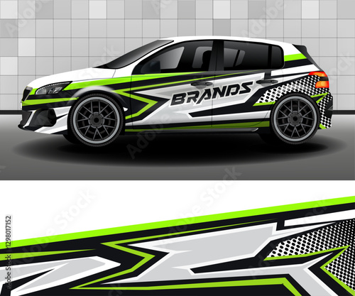 Delivery van vector design. Car design development for company. Black background with green and white abstract stripes for vinyl car decal.