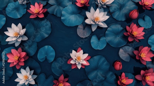 Wallpaper Mural A serene arrangement of colorful lotus flowers on a tranquil dark water surface. Torontodigital.ca