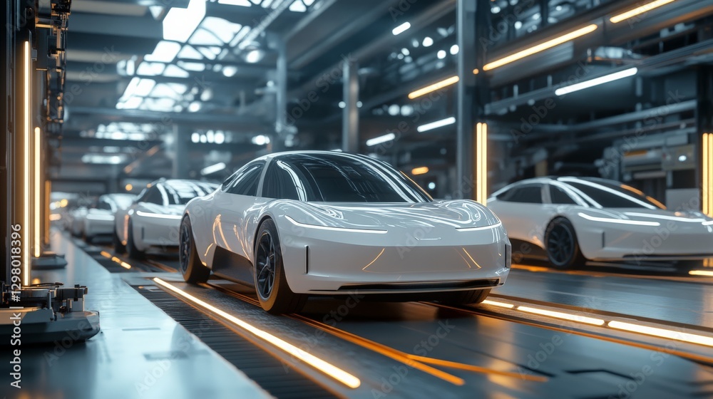 Autonomous AI-controlled car factory producing futuristic self-driving electric vehicles Autonomous AI-controlled car factory producing futuristic self-driving electric vehicles