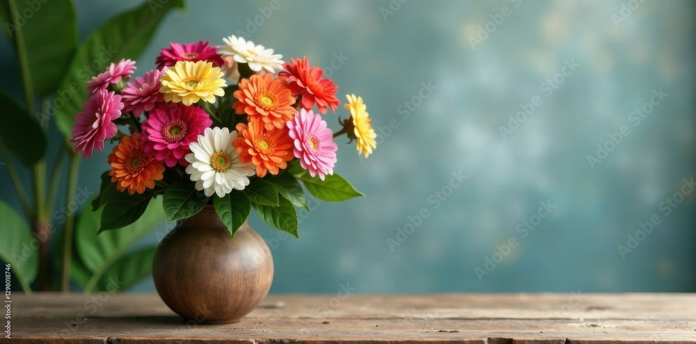 vibrant flowers in a vase with a rustic wooden base and greenery, floral arrangement, nature, greenery vibrant flowers in a vase with a rustic wooden base and greenery, floral arrangement, nature, greenery