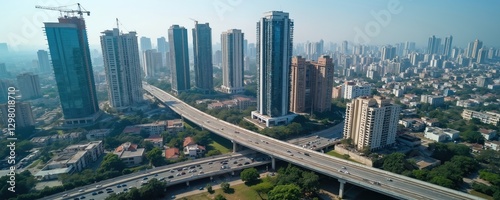 Aerial view of Hyderabad cityscape, hub in India. Modern tall buildings, skyscrapers overpass, dense urban development. Cityscape illustrates India economic growth, urban planning, modern