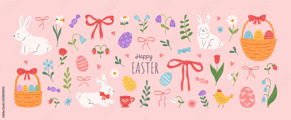 Collection cute elements for Easter. Hand drawn bunnies, bows, flowers and herbs, chicken, floral decoration, egg basket, Easter eggs. Spring lovely stickers. Vector flat illustration.
