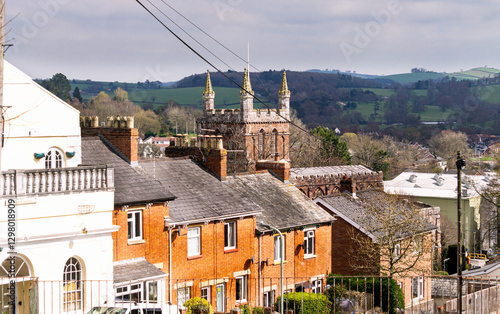 Blocks of traditional houses in Crediton. Early spring, Devon, England, Europe.