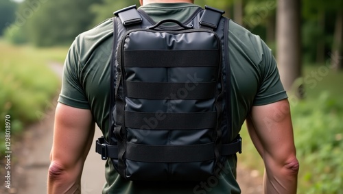 Rucking. Man is wearing backpack and walking down path