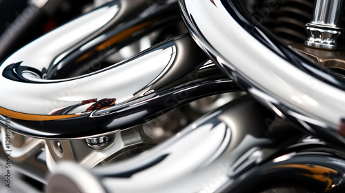 A closeup of a chromed cast iron manifold highlighting the bold sharp edges and glossy sheen.