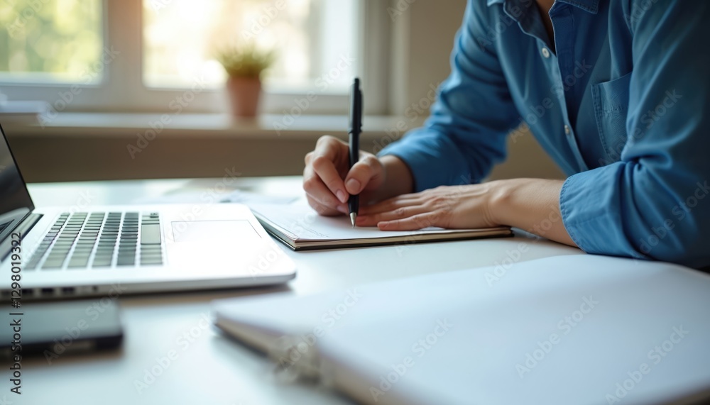 Student edits essay, revises written text using pen. Notebook, laptop on table indoors. Concept of business, education, learning, office paperwork. Person working, writing letter, signing contract