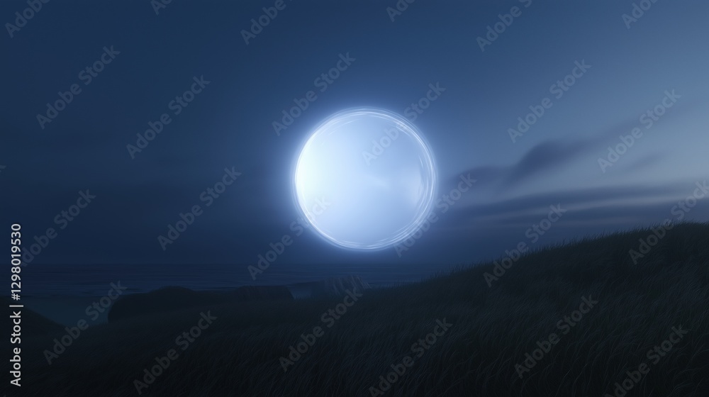 Digital illustration of a night sky with a full moon in the center. the moon is a bright blue color and is surrounded by a halo of light. Digital illustration of a night sky with a full moon in the center. the moon is a bright blue color and is surrounded by a halo of light.