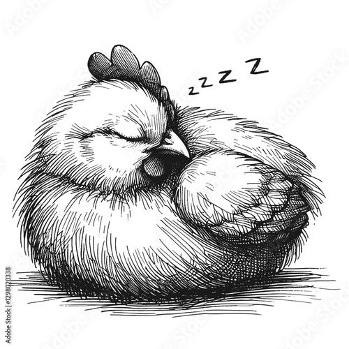 chicken sleeping line art drawing ink sketch vector hand drawn illustration background, tranquil twilight sleeping under the stars