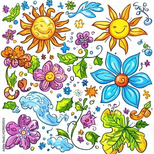 Whimsical Sun and Flower Design with Bright Colors and Cheerful Motifs