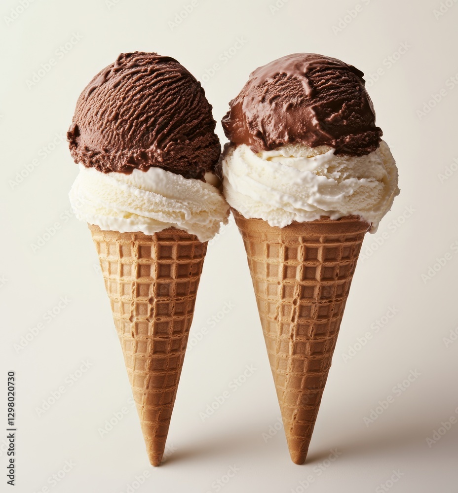 Delicious Ice Cream Cones Displaying Rich Chocolate and Creamy Vanilla Flavors Against a Neutral Background for Summer Treat Inspiration Delicious Ice Cream Cones Displaying Rich Chocolate and Creamy Vanilla Flavors Against a Neutral Background for Summer Treat Inspiration