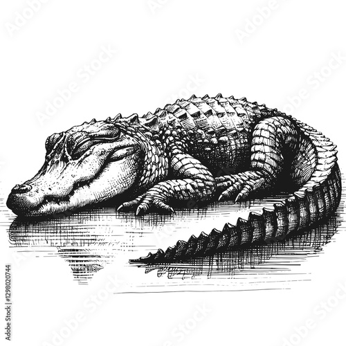 Alligator sleeping line art drawing ink sketch vector hand drawn illustration background, tranquil twilight sleeping under the stars