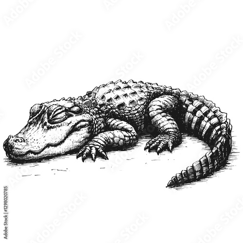 Alligator sleeping line art drawing ink sketch vector hand drawn illustration background, restful moments  napping under the sun