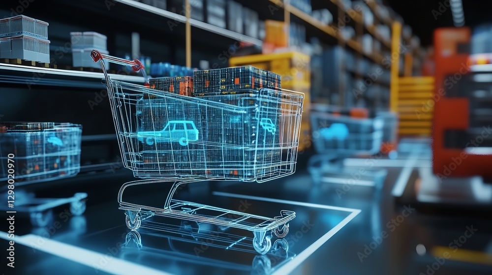 A Futuristic Shopping Cart Filled With Digital Goods Floats In A Vibrant Store, Showcasing The Innovative Power Of Augmented Reality Shopping, With Glowing Blue Lines And A Blurred Background A Futuristic Shopping Cart Filled With Digital Goods Floats In A Vibrant Store, Showcasing The Innovative Power Of Augmented Reality Shopping, With Glowing Blue Lines And A Blurred Background