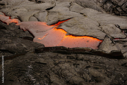 Active lava flows over old lava field in Hawaii