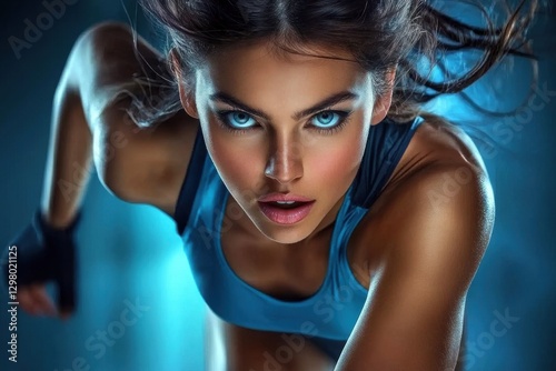 A determined young female model engages in sports training, focusing intently on the camera