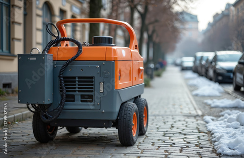 Portable power supply on street sidewalk. Diesel generator. Electric energy support, electricity supply for town. Mobile alternator for emergency, fuel, energy industry, construction support, repair photo