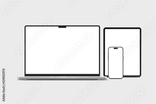 3D laptop, tablet and smartphone digital device mockup with blank screen isolated on background. Technology empty display template for ui, ux, app, ads and website presentation. Vector illustration
