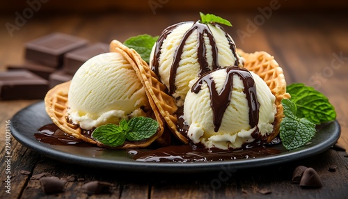 Ice cream scoops on waffles, chocolate drizzle, dessert