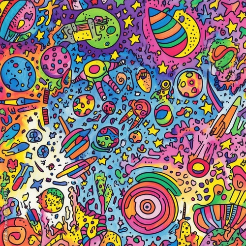 Colorful Abstract Space Illustration with Planets and Rockets