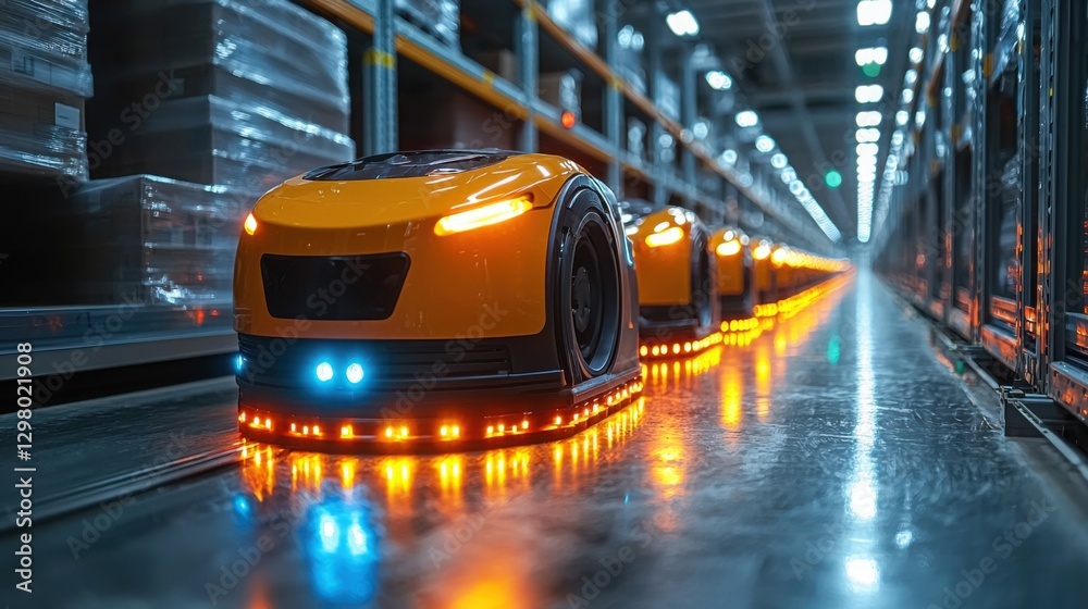 Obraz premium This image features automated delivery robots in an industrial warehouse setting, showcasing robotics technology and logistics efficiency.