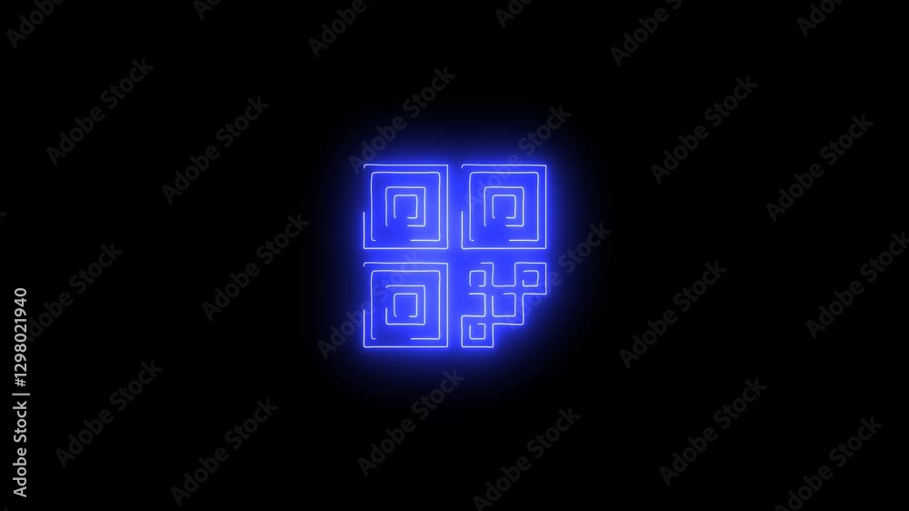 Qr code animated lineal symbol icon 4K. Neon effect, linear, neon Qr code icon animation on black background, chroma key 