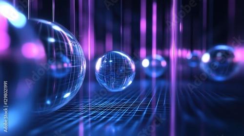 Abstract Neon Light Background with Spheres and Digital Grid