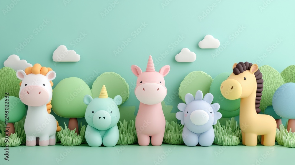 Naklejka premium A collection of cute pastel-colored animal figures set against a vibrant mint green backdrop with playful clouds.