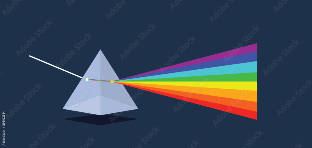 Spectral refraction. illustration of low poly glass pyramid prism in transparent geometric shape with rainbow, learn physics