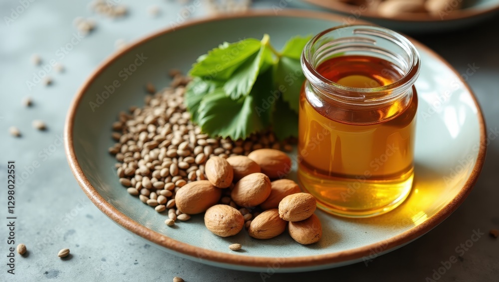 Vegan Omega 3. Nuts are on plate next to jar of honey Vegan Omega 3. Nuts are on plate next to jar of honey