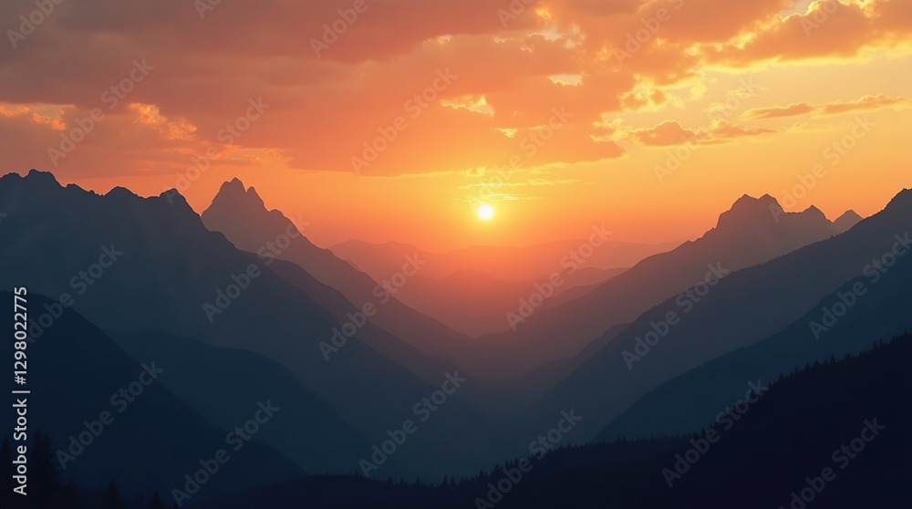 Obraz premium Mountain landscape, set against a vibrant orange sky with soft, feathery clouds, perfect for capturing the essence of nature and adventure themes.