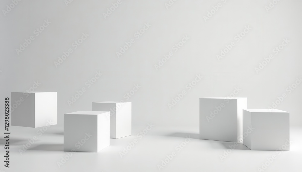 White cube boxes scattered on a minimalist floor, with random shifts and overlaps , furniture arrangement, decoration, modern space White cube boxes scattered on a minimalist floor, with random shifts and overlaps , furniture arrangement, decoration, modern space