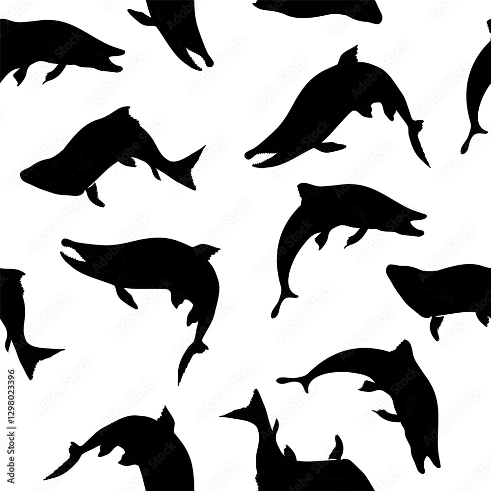 Fototapeta premium Trout black silhouette vector seamless pattern. Hand drawn salmon fish outline in monochrome style. Repeating sockeye background for packaging, wrapping paper, fabric, wallpaper, and fishing design.