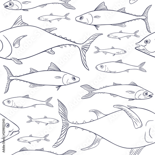 Variety sea fish black white vector seamless pattern. Sardine, anchovy outline hand drawn. Herring, mackerel drawing on repeat background. School of fishes graphic linear style for prints, paper.
