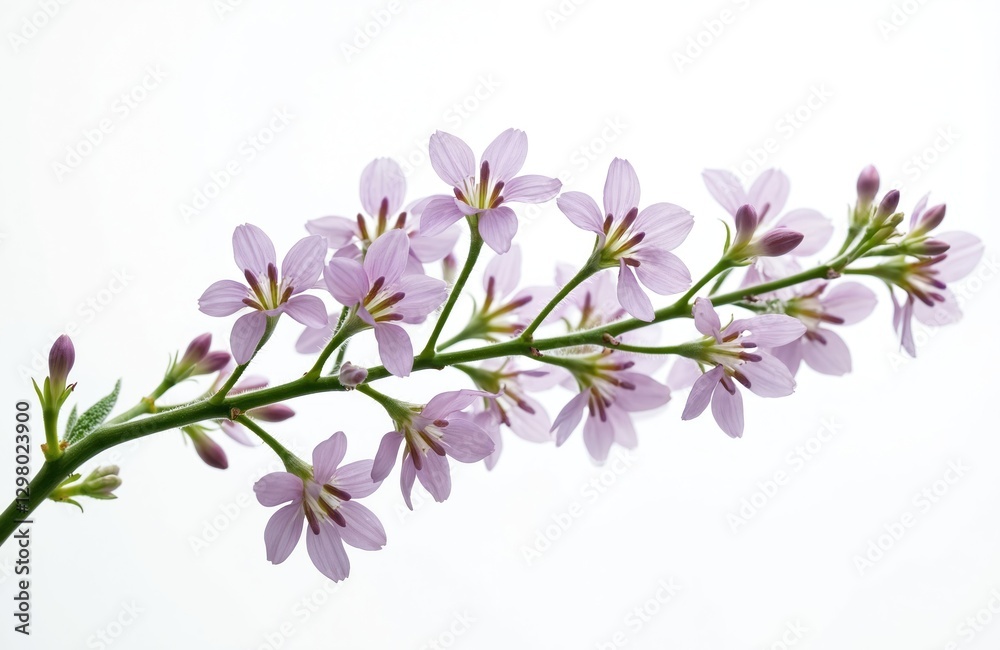 Close-up photo of twig of limonium small flowers isolated on white background. Gentle pink petals, lilac buds, green stem. Fresh pretty blossoms bouquet, natural beauty, floral design for greetings. Close-up photo of twig of limonium small flowers isolated on white background. Gentle pink petals, lilac buds, green stem. Fresh pretty blossoms bouquet, natural beauty, floral design for greetings.
