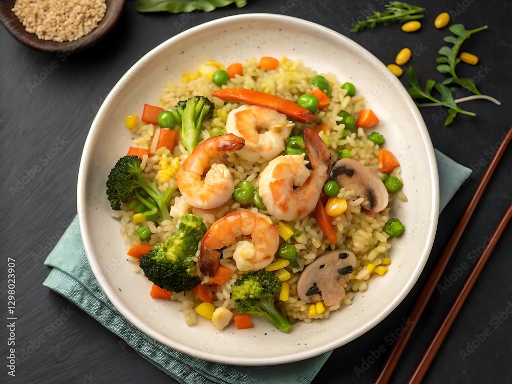Egg Fried Rice with Prawns, Cabbage, and Green Onions in a Black Plate – Asian Cuisine and Seafood Dish Egg Fried Rice with Prawns, Cabbage, and Green Onions in a Black Plate – Asian Cuisine and Seafood Dish
