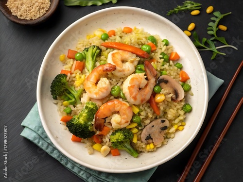 Wallpaper Mural Egg Fried Rice with Prawns, Cabbage, and Green Onions in a Black Plate – Asian Cuisine and Seafood Dish Torontodigital.ca