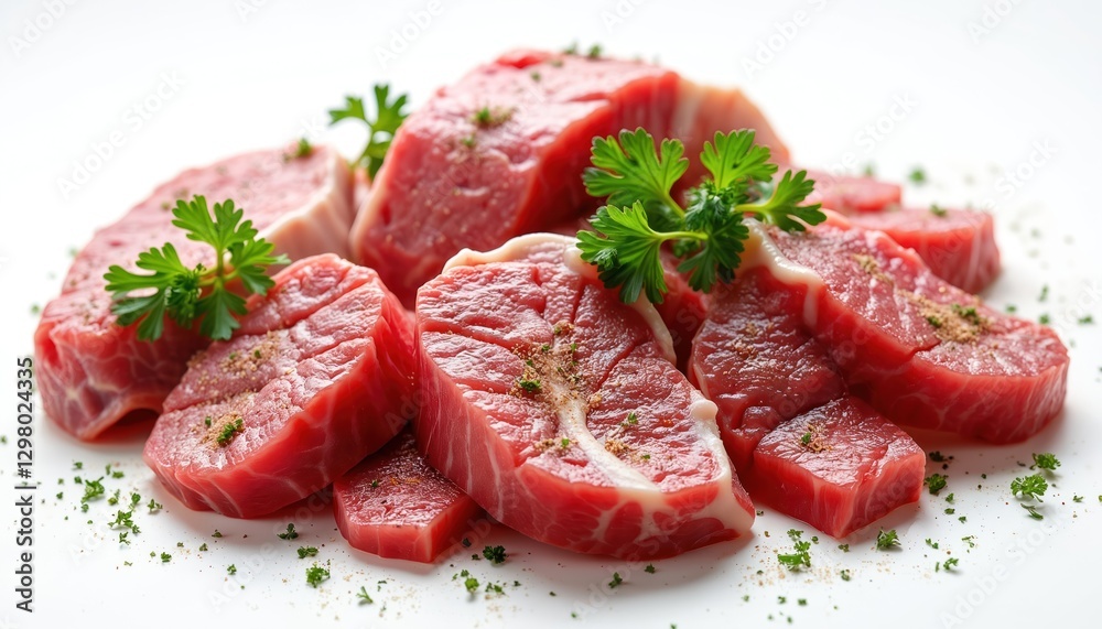 Various cuts of raw meat with parsley sprigs. Fresh beef, pork meat filet mignon steaks, tenderloin medallions with herbs, pepper, spices. Butcher shop assortment, cooking ingredients on transparent Various cuts of raw meat with parsley sprigs. Fresh beef, pork meat filet mignon steaks, tenderloin medallions with herbs, pepper, spices. Butcher shop assortment, cooking ingredients on transparent