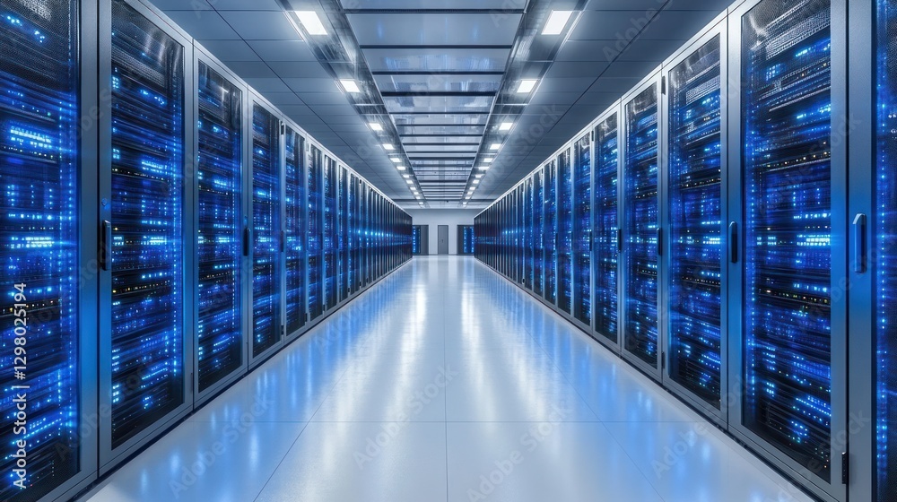 Fototapeta premium Modern data center server room with rows of lit servers.