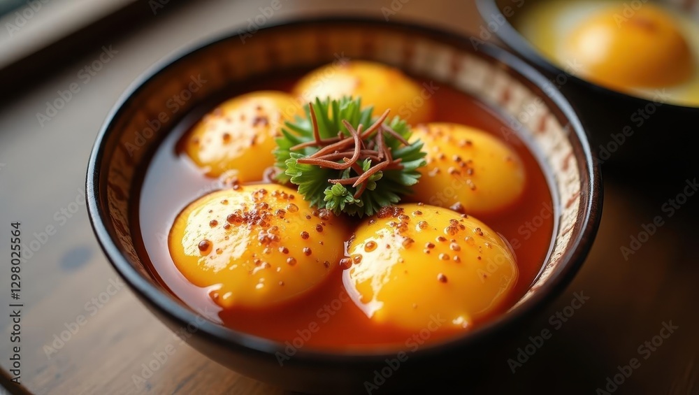 Ajitsuke. Bowl is filled with eggs and garnished with sprig of parsley Ajitsuke. Bowl is filled with eggs and garnished with sprig of parsley