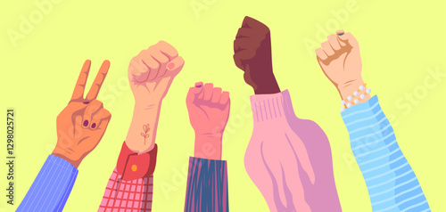 Cartoon Color Woman Hands holding Protester Fist and Victory Gestures Signs Set Female Solidarity Concept Flat Design Style. Vector illustration