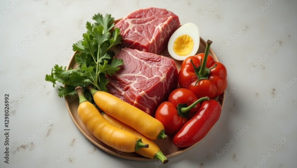 Carnivore Diet. Meat is on plate with vegetables and eggs Carnivore Diet. Meat is on plate with vegetables and eggs