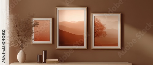 Three framed artworks hanging on a wall above a wooden shelf. the wall is painted in a warm brown color and has a subtle texture.
