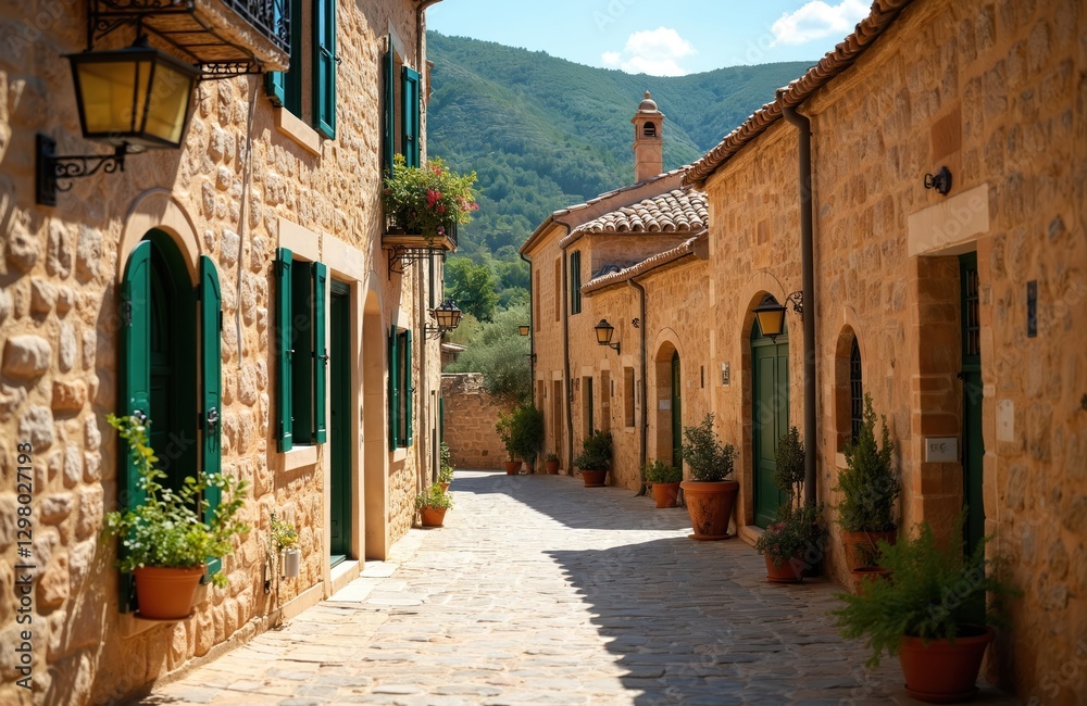 Fototapeta premium Picturesque medieval street in Fornalutx, Majorca island. Spanish-style village features old stone buildings, green windows, doors, potted plants. Cobblestone street road, mountain view background on