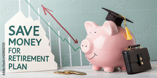 Pink piggy bank with graduation cap and coins beside retirement plan sign. Perfect for finance, savings, education, and planning concepts. photo