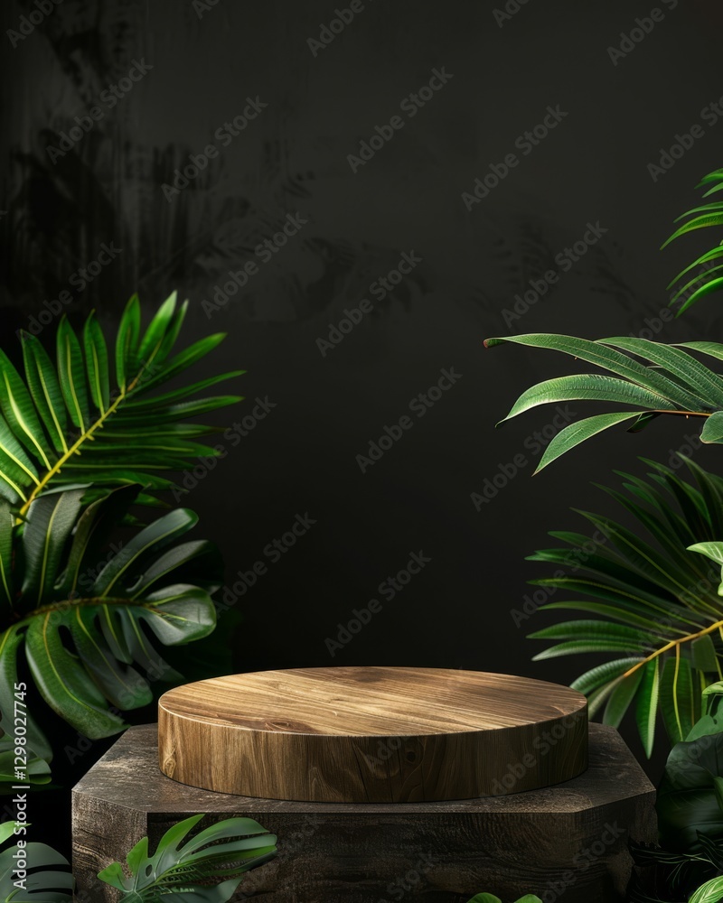 Round wooden pedestal podium placed on a rustic base, surrounded by lush tropical plants against a dark textured background. Perfect for product display or branding Round wooden pedestal podium placed on a rustic base, surrounded by lush tropical plants against a dark textured background. Perfect for product display or branding