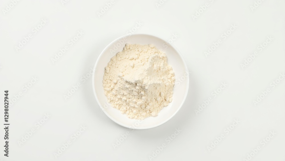 Collagen Peptides. Bowl is filled with mixture of flour on white surface Collagen Peptides. Bowl is filled with mixture of flour on white surface