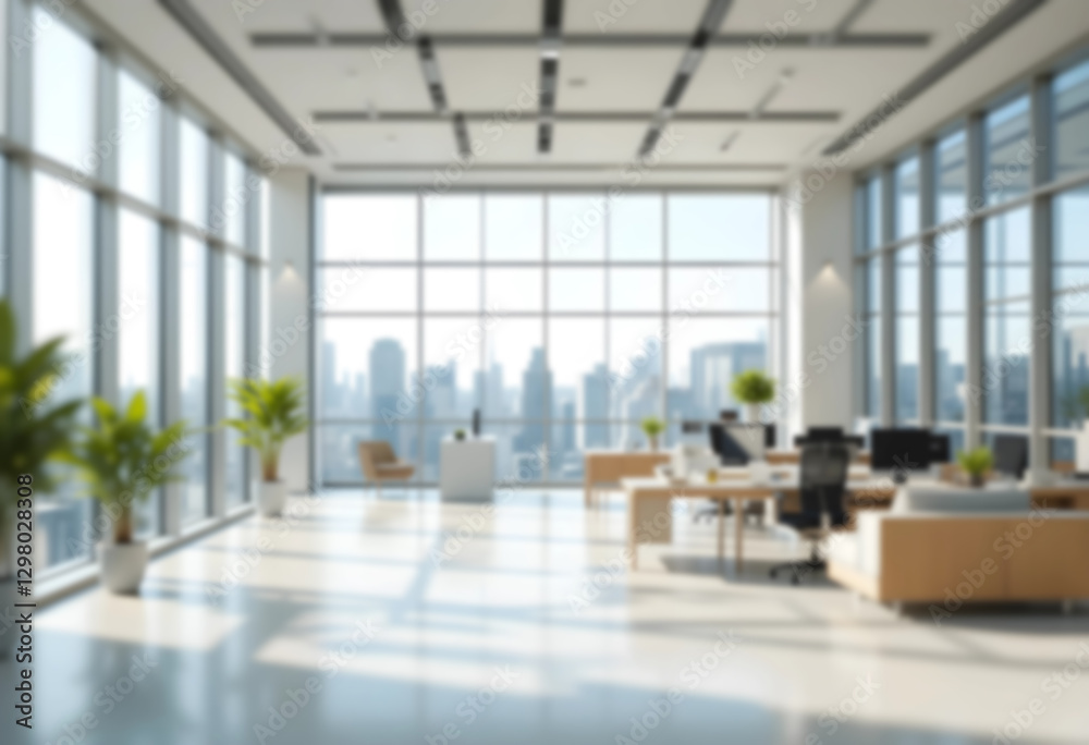 Fototapeta premium A blurred modern office interior with panoramic windows and soft natural lighting. A minimalistic, bright workspace with an airy and professional atmosphere.