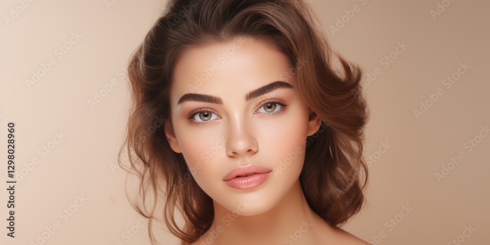 Naklejka premium Close-up portrait of a young woman with flawless skin, wavy brown hair, and expressive eyes. Her soft makeup and neutral background create a natural, elegant look